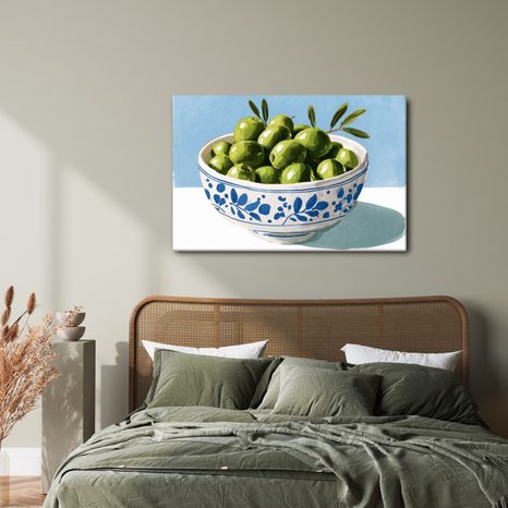 TABLEAU SUR TOILE – OLIVES VERTES DANS UN BOL - TABLEAUX DE NATURES MORTES - TABLEAUX