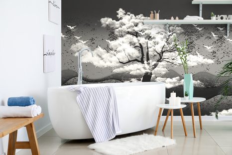 CARTA DA PARATI AUTOADESIVA – ALBERO IN BIANCO E NERO TRA LE NUVOLE - CARTA DA PARATI AUTOADESIVE - CARTA DA PARATI
