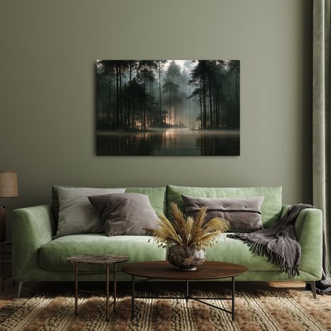 TABLEAU SUR TOILE – FORÊT BRUMEUSE AU BORD DU LAC - TABLEAUX FORÊT - TABLEAUX