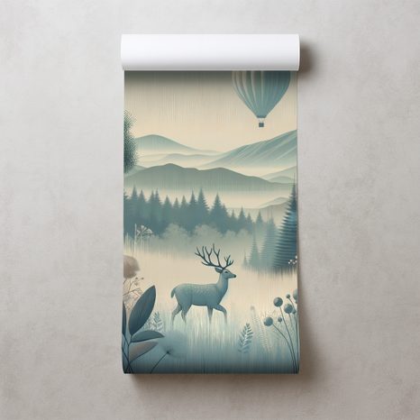 TAPETE WALDLANDSCHAFT MIT HIRSCH UND BALLON - TAPETEN HIRSCHE - TAPETEN