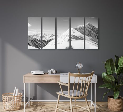 5-TEILIGES WANDBILD SCHNEEBEDECKTE BERGE IN SCHWARZ-WEISS - SCHWARZ-WEISSE BILDER - BILDER