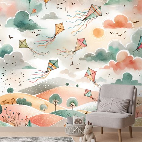TAPETA PASTELOVÉ LÉTAJÍCÍ DRACI NA OBLOZE - DĚTSKÉ TAPETY - TAPETY
