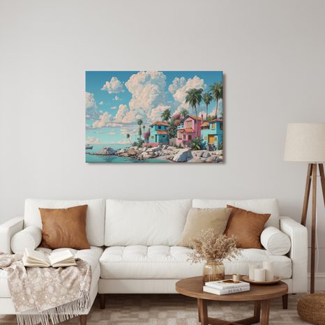 OBRAZ KARIBSKÁ IDYLA S PALMAMI - BAREVNÉ DOMY - OBRAZY