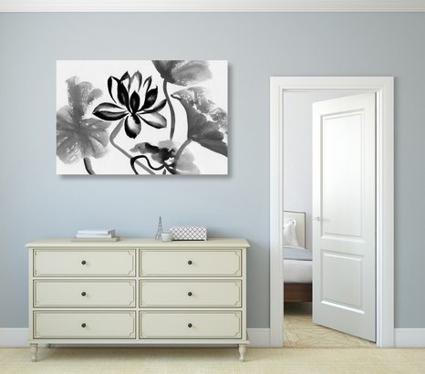 STAMPA SU TELA – FIORE DI LOTO ACQUERELLATO IN BIANCO E NERO - QUADRI BIANCO E NERO - STAMPE E QUADRI