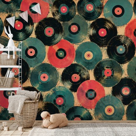 SELBSTKLEBENDE TAPETE RETRO SCHALLPLATTEN IN FARBEN - MUSIK FOTOTAPETEN - TAPETEN