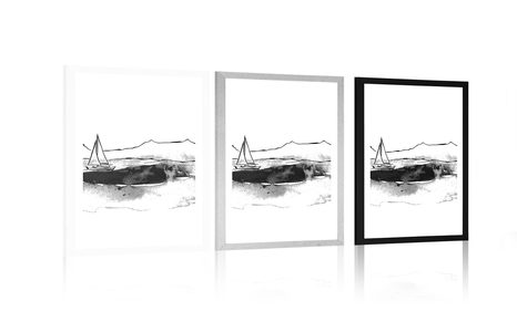 POSTER WITH MOUNT YACHT AT SEA IN BLACK AND WHITE - BLACK AND WHITE - POSTERS