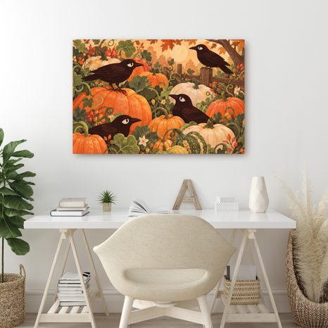 WANDBILD RABEN ZWISCHEN HERBSTLICHEN KÜRBISSEN - HALLOWEEN- UND HORROR-BILDER - BILDER