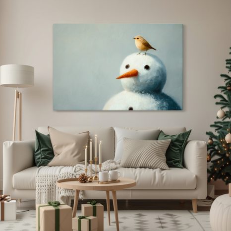 WANDBILD WEIHNACHTSSCHNEEMANN MIT VÖGELCHEN - WEIHNACHTS- UND WINTERBILDER - BILDER