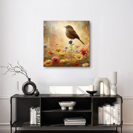 WANDBILD VÖGELCHEN AUF BLÜHENDER WIESE - BILDER TIERE - BILDER