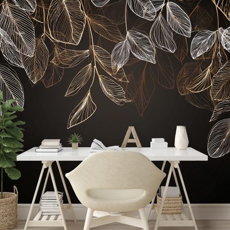ZELFKLEVEND FOTOBEHANG ELEGANTE GOUDEN BLADEREN OP DONKERE ACHTERGROND - FOTOBEHANG BLADEREN - FOTOBEHANG