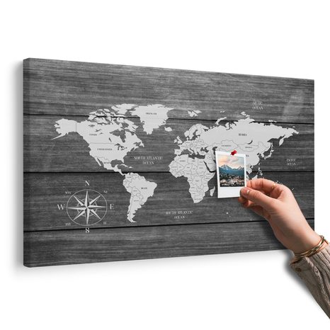 WANDBILD AUF KORK WELTKARTE MIT HÖLZERNEM HINTERGRUND - WANDBILDER AUF KORK - BILDER