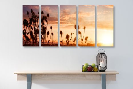 5-DÍLNÝ OBRAZ STÉBLA TRÁVY PŘI VÝCHODU SLUNCE - OBRAZY PŘÍRODY A KRAJINY - OBRAZY