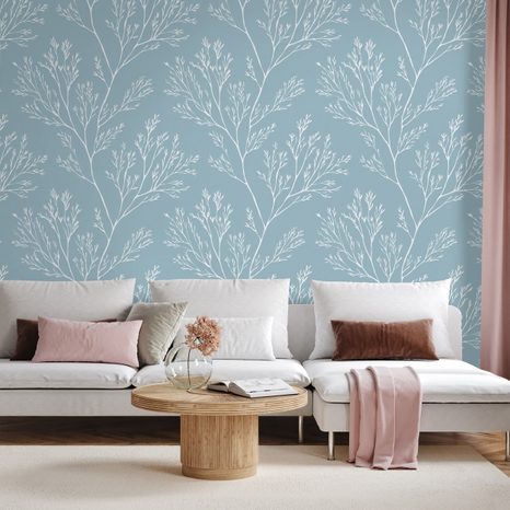 SAMOLEPÍCÍ FOTOTAPETA BÍLÉ VĚTVIČKY NA MODRÉM POZADÍ - VZOROVANÉ TAPETY - TAPETY