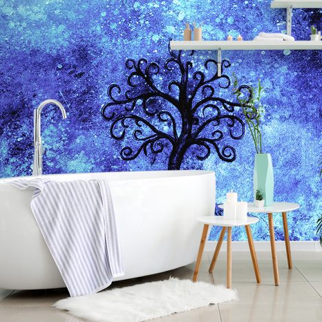 PAPIER PEINT ARBRE DE VIE SUR FOND BLEU - FOND D'ÉCRAN FENG SHUI - PAPIER PEINT