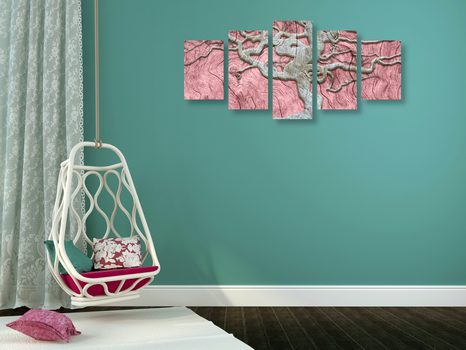 5-DÍLNÝ OBRAZ ABSTRAKTNÍ STROM NA DŘEVĚ S RŮŽOVÝM KONTRASTEM - OBRAZY STROMY ŽIVOTA - OBRAZY