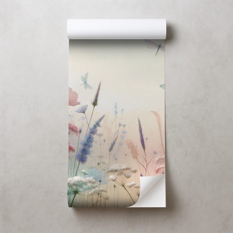 SAMOLEPÍCÍ FOTOTAPETA PASTELOVÉ KVĚTY A VÁŽKY - WALLPAPERS FLOWERS - WALLPAPERS