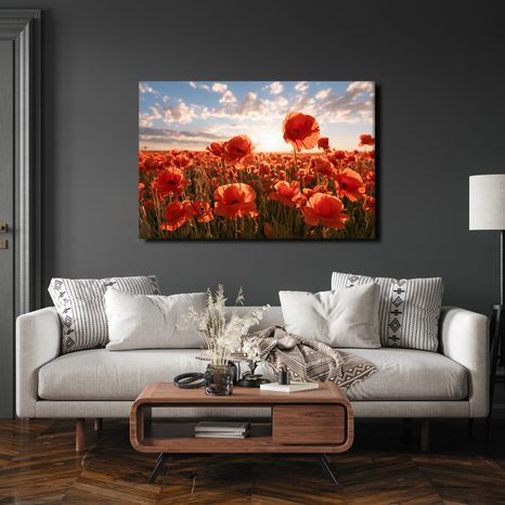TABLEAU SUR TOILE – COQUELICOTS AU COUCHER DU SOLEIL - TABLEAUX DE CHAMPS ET PRAIRIES - TABLEAUX