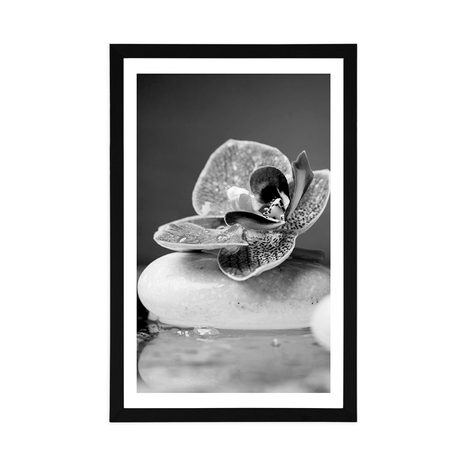 PLAKAT S PASPARTUOM ORHIDEJA I ZEN KAMENJE U CRNO-BIJELOM DIZAJNU - CRNO-BIJELE - PLAKATI