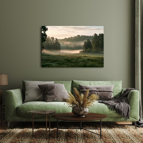 TABLEAU SUR TOILE – MATIN BRUMEUX AU-DESSUS D’UNE PRAIRIE - TABLEAUX DE CHAMPS ET PRAIRIES - TABLEAUX