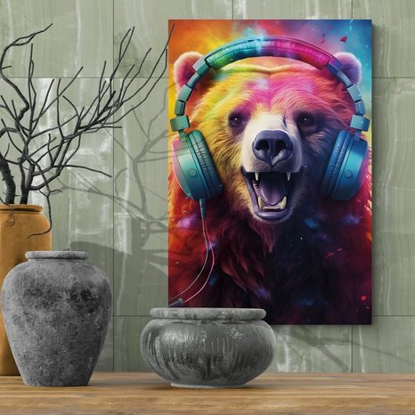QUADRO SU TELA – ORSO CON CUFFIE - QUADRI DI ANIMALI DA FESTA CON LE CUFFIE - STAMPE E QUADRI