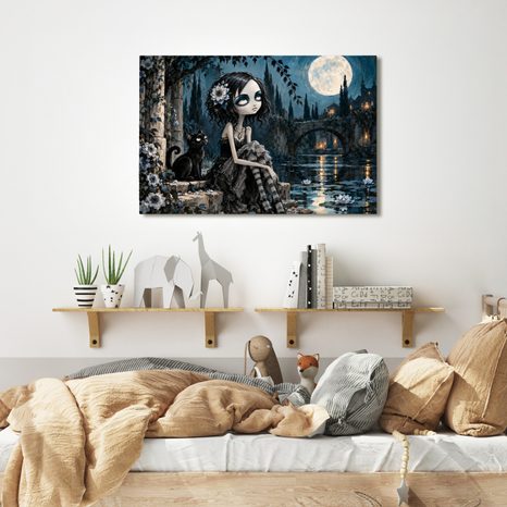 QUADRO SU TELA – RAGAZZA GOTICA CON GATTO NERO - QUADRI HALLOWEEN E HORROR - STAMPE E QUADRI