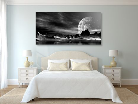 WANDBILD FUTURISTISCHER PLANET IN SCHWARZ-WEISS - SCHWARZ-WEISSE BILDER - BILDER