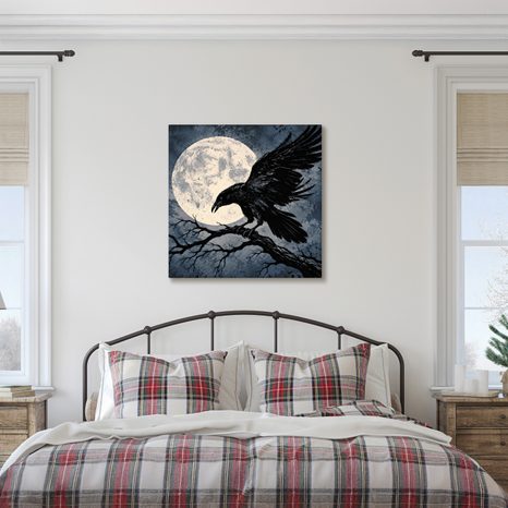 QUADRO SU TELA – CORVO NERO SOTTO LA LUNA PIENA - QUADRI HALLOWEEN E HORROR - STAMPE E QUADRI