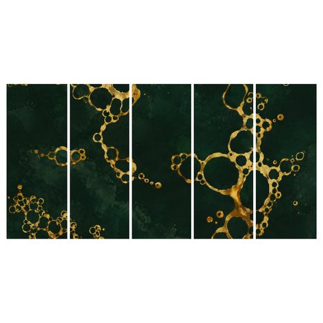 5-TEILIGES WANDBILD SMARAGDGRÜNE ABSTRAKTION MIT GOLD - WANDBILDER ABSTRAKTE FORMEN - BILDER