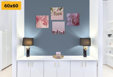 SET OBRAZŮ KVĚTINY V JEMNÉM RŮŽOVÉM ODSTÍNU - SESTAVY OBRAZŮ - OBRAZY