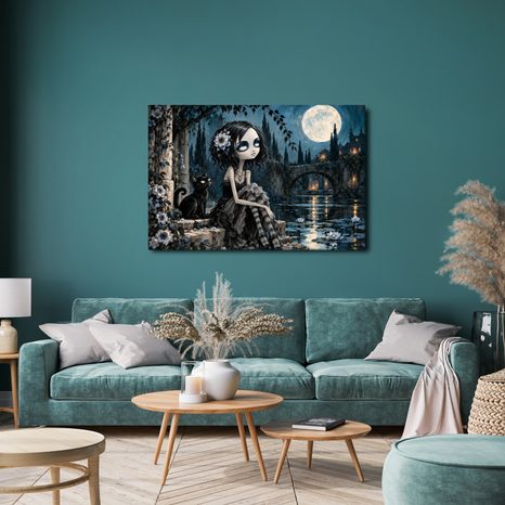 QUADRO SU TELA – RAGAZZA GOTICA CON GATTO NERO - QUADRI HALLOWEEN E HORROR - STAMPE E QUADRI