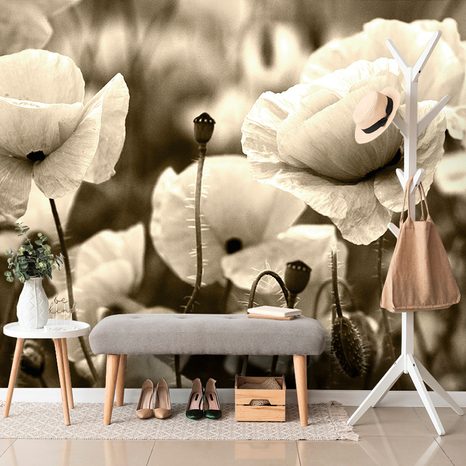 WALL MURAL SEPIA FIELD OF WILD POPPIES - BLACK AND WHITE WALLPAPERS - WALLPAPERS