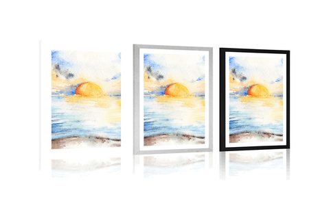 PLAKAT S PASPARTUOM SJAJNI ZALAZAK SUNCA NA MORU - PRIRODA - PLAKATI