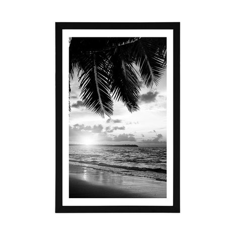 POSTER WITH MOUNT SUNRISE ON A CARIBBEAN BEACH IN BLACK AND WHITE - BLACK AND WHITE - POSTERS