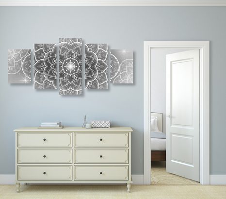 TABLOU 5-PIESE MANDALA ORIENTALĂ ÎN DESIGN ALB-NEGRU - TABLOURI ALB-NEGRU - TABLOURI