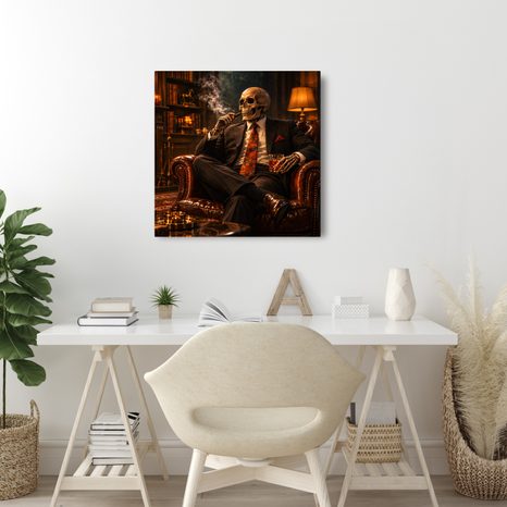 QUADRO SU TELA – ELEGANTE SCHELETRO ACCANTO AL CAMINO - QUADRI HALLOWEEN E HORROR - STAMPE E QUADRI