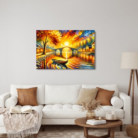 WANDBILD HERBSTLANDSCHAFT MIT BOOT - BILDER VON SONNENAUFGANG UND SONNENUNTERGANG - BILDER