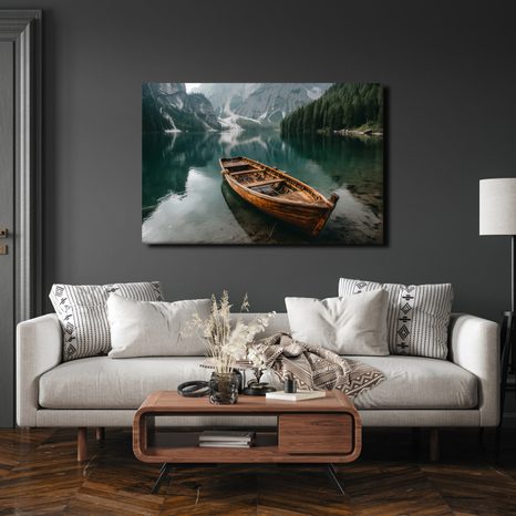 QUADRO SU TELA – BARCA SU LAGO DI MONTAGNA - QUADRI LAGHI - STAMPE E QUADRI