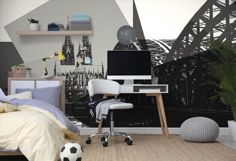 CARTA DA PARATI – ILLUSTRAZIONE IN BIANCO E NERO DELLA CITTÀ DI COLONIA - CARTA DA PARATI BIANCO E NERO - CARTA DA PARATI