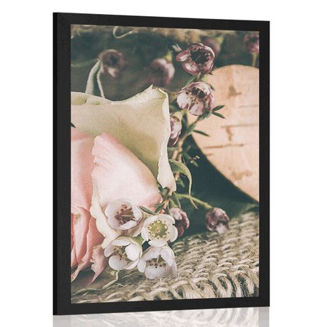 POSTER ROSE UND HERZ IN JUTE - VINTAGE UND RETRO - POSTER