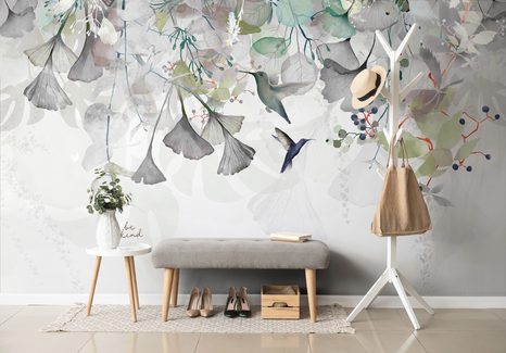 CARTA DA PARATI – FOGLIE CON COLIBRÌ IN VERDE-GRIGIO - CARTA DA PARATI LETTERE - CARTA DA PARATI