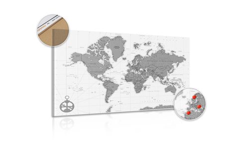 OBRAZ NA KORKU ŠTÝLOVÁ MAPA S KOMPASOM V ČIERNOBIELOM PREVEDENÍ - OBRAZY NA KORKU - OBRAZY