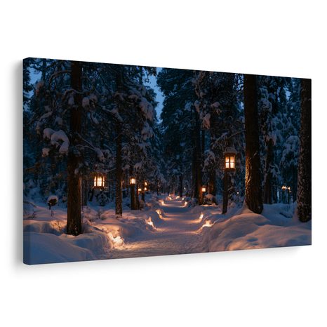 CANVASTAVLA SNÖTÄCKT SKOGSVÄG MED LJUS - JUL- OCH VINTERTAVLOR - TAVLOR