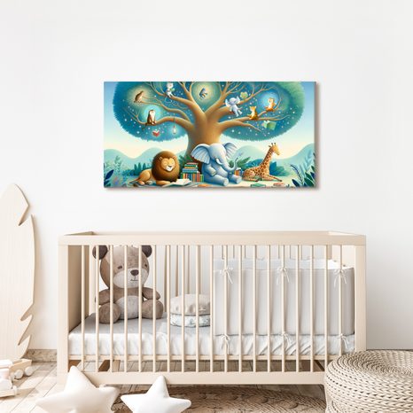 WANDBILD TIERE UNTER DEM BAUM MIT BUCH - KINDERBILDER TIERE - BILDER