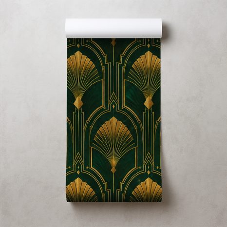 FOTÓTAPÉTA ARANY ART DECO LEGYEZŐK ZÖLD ALAPON - MINTÁS TAPÉTÁK - TAPÉTÁK