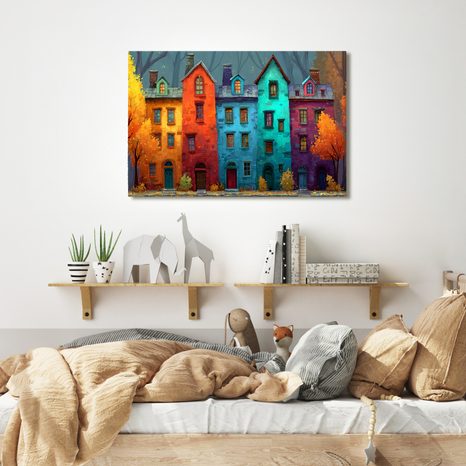 WANDBILD BUNTE HÄUSER IM HERBSTWALD - BUNTE HÄUSER - BILDER