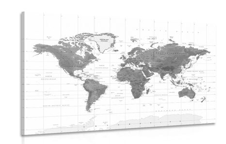 OBRAZ NÁDHERNÁ MAPA SVETA V ČIERNOBIELOM PREVEDENÍ - OBRAZY MAPY - OBRAZY