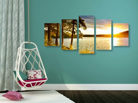 TABLEAU EN 5 PARTIES – COUCHER DE SOLEIL SUR LE LAC - TABLEAUX DE LA NATURE ET DES PAYSAGES - TABLEAUX