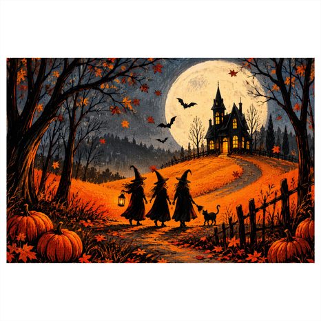 QUADRO SU TELA – STREGA SOTTO IL MANIERO AL CHIARO DI LUNA - QUADRI HALLOWEEN E HORROR - STAMPE E QUADRI