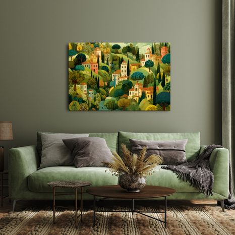 WANDBILD MALERISCHE LANDSCHAFT MIT HÄUSERN - BUNTE HÄUSER - BILDER