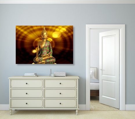 WANDBILD BUDDHA-STATUE MIT ABSTRAKTEM HINTERGRUND - BILDER MIT FENG SHUI-MOTIVEN - BILDER